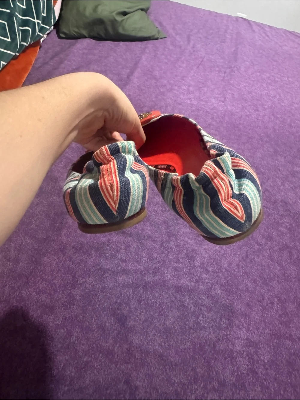 Tory Burch Coral and Multi-Stripe Reva Flats with Gold Logo